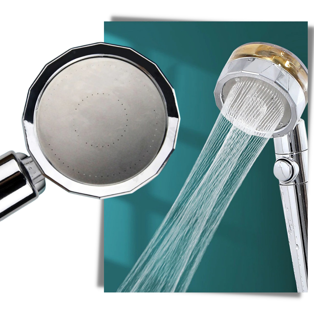 Pommeau de douche Beautygarde à haute pression avec hélice rotative, pièce de plomberie en finition dorée.
