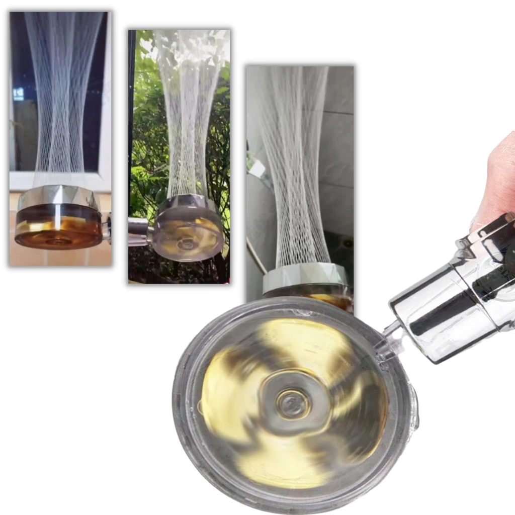 Pommeau de douche à haute pression avec hélice rotative de la marque Beautygarde, pièce de plomberie en finition dorée.