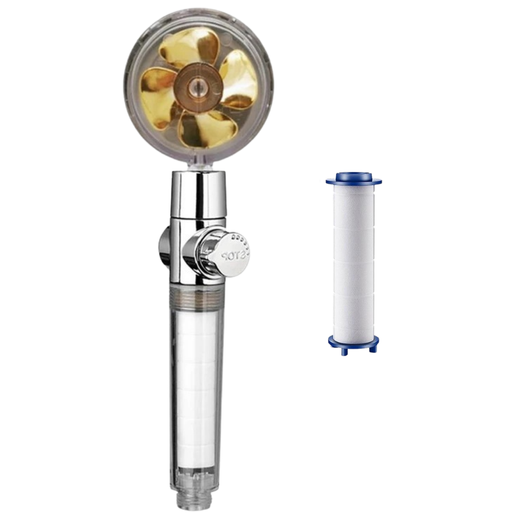 Pommeau de douche haute pression Beautygarde avec hélice rotative, pièce de plomberie en finition dorée, design moderne et fonctionnel.