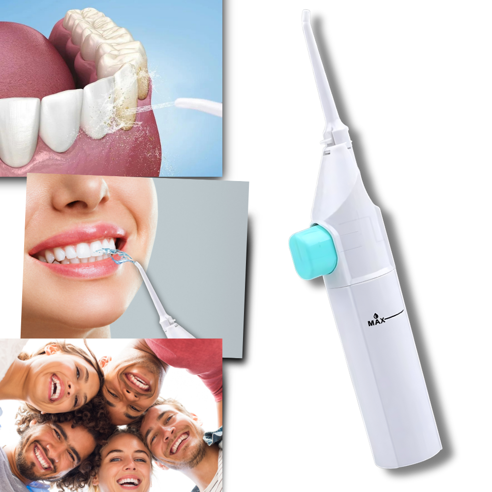 Jet d'eau aéro-oral de Beautyko U pour soins buccaux, illustré en action pour le nettoyage dentaire.