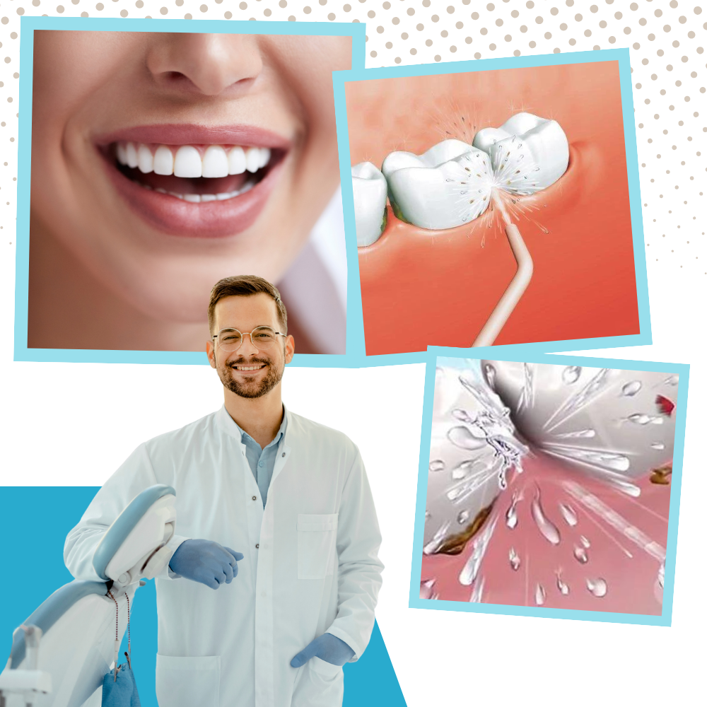 Jet d'eau a air pour les dents de la marque Beautyko U, dispositif de soins buccaux avec embout pour nettoyage dentaire.