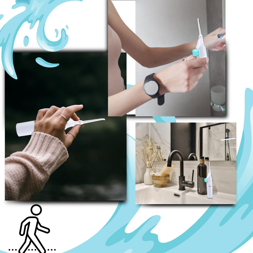 Jet d'eau a air pour les dents de la marque Beautyko U, dispositif de soins buccaux avec buse d'eau et air pour nettoyage.