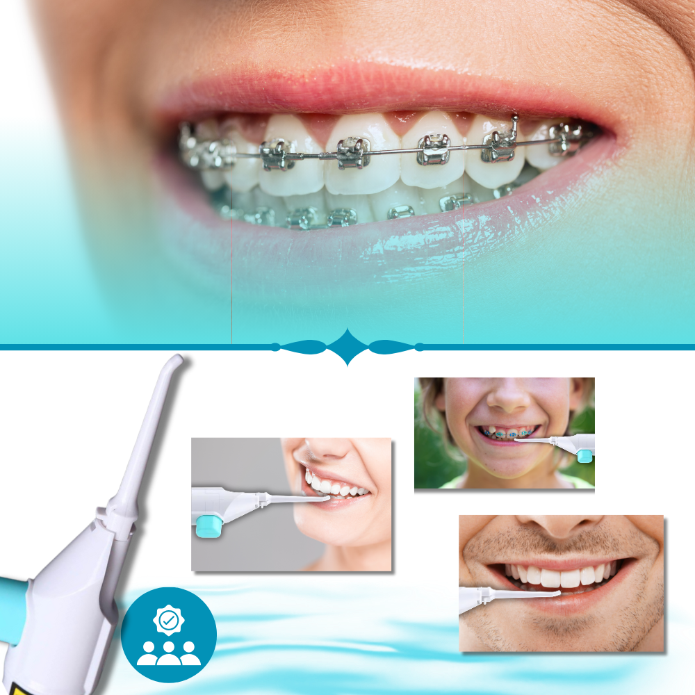 Jet d'eau a air pour les dents de la marque Beautyko U, dispositif de soins buccaux avec embout pour nettoyage dentaire.