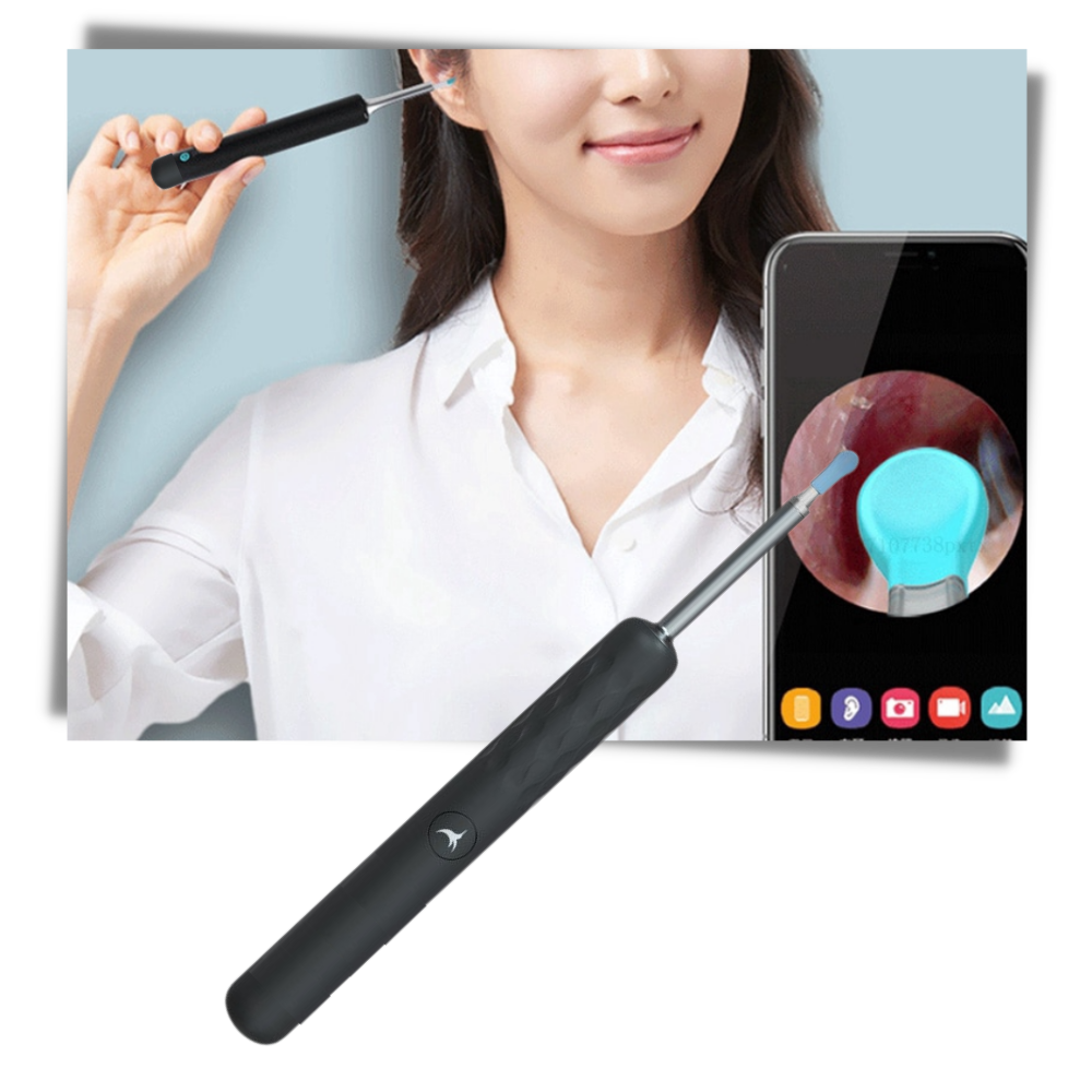 Cure-Oreille Bebird, dispositivo inteligente para cuidado de ouvidos, em design branco com detalhes tecnológicos.