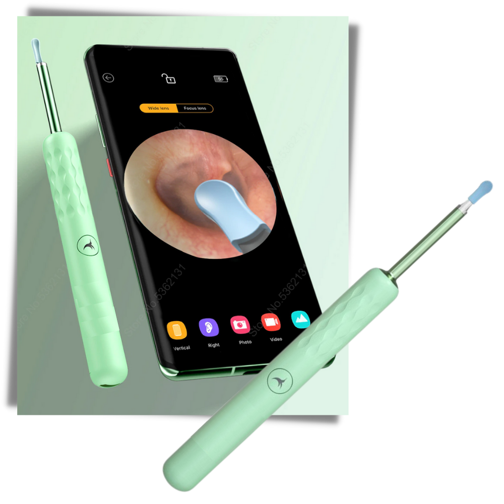 Cure Oreille Bebird, dispositivo inteligente para cuidado de ouvidos, em design branco, usado para limpeza e higiene auricular.