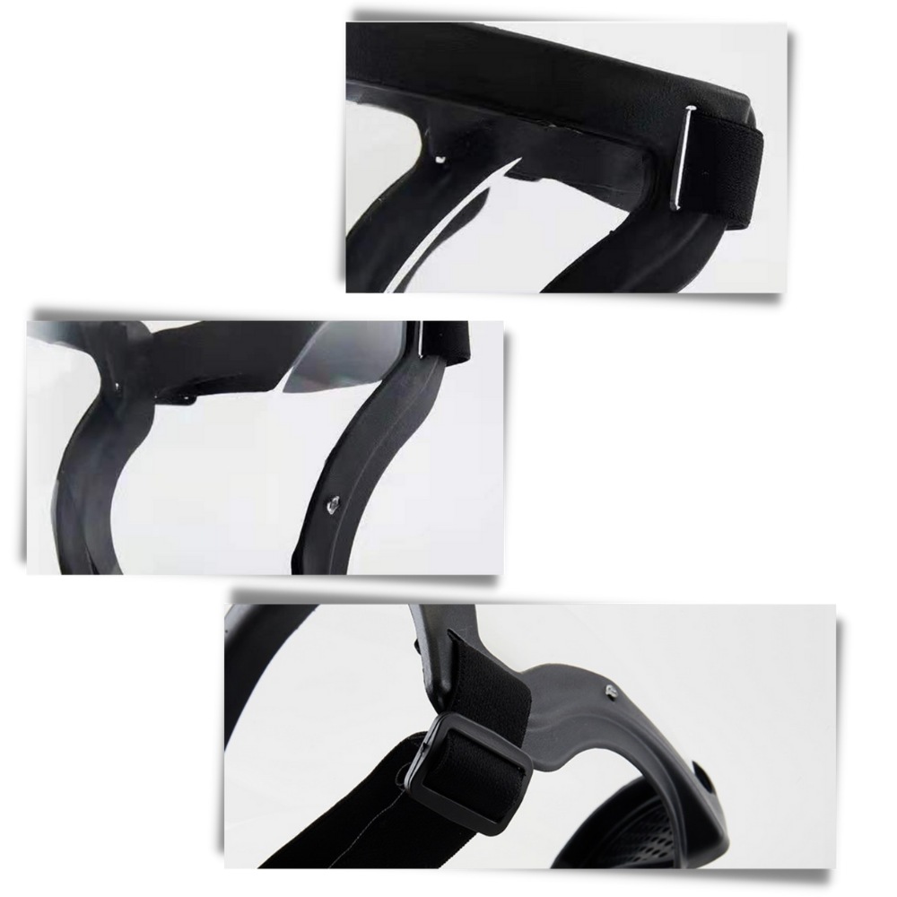 Máscara de proteção Beiyueji com tela protetora completa transparente, cobertura facial total e design em preto.