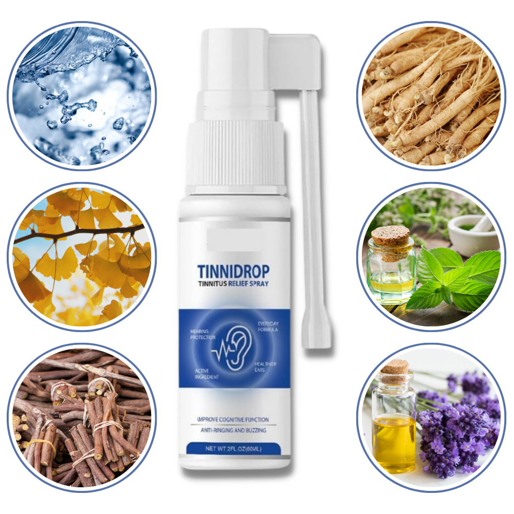 Spray natural para saúde dos ouvidos da marca Bemona, tratamento seguro para acufeno, frasco com pulverizador branco