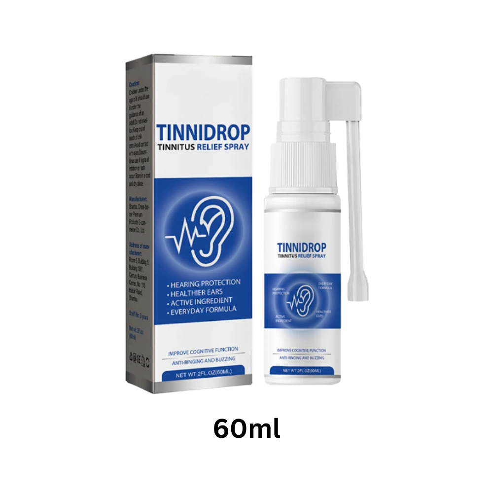 Spray natural para aliviar acufenos da Bemona, tratamento seguro para cuidados dos ouvidos, frasco com spray branco e tampa azul