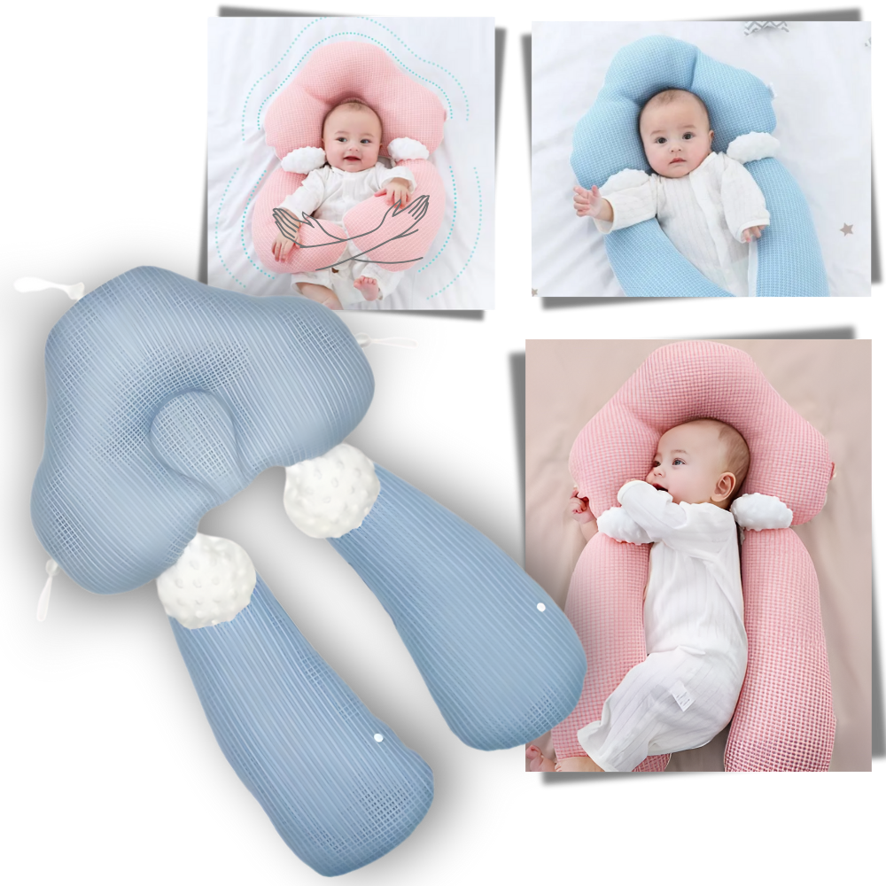 Coussin d'allaitement Benbat azul com proteção de cabeça, confortável e ergonômico para amamentação segura.