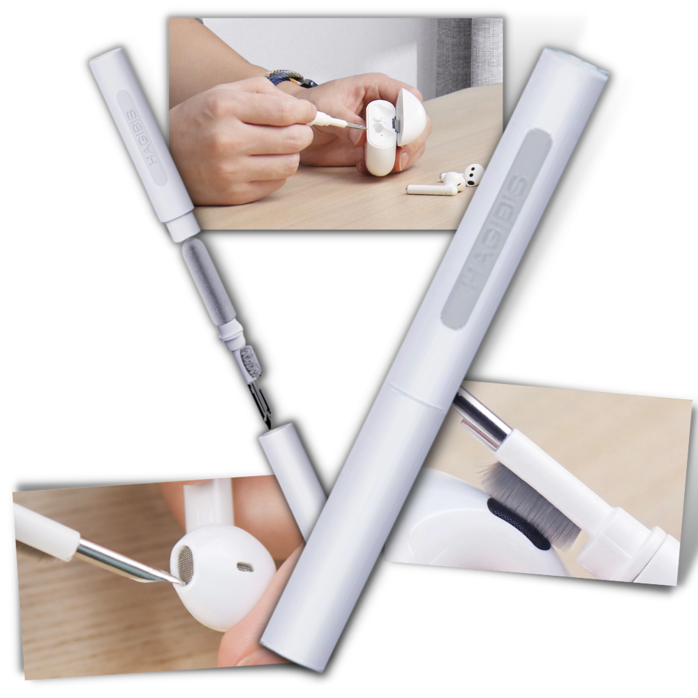 Kit de limpeza para fones de ouvido Benson, acessório de áudio branco com escova e cotonetes para higiene de fones.