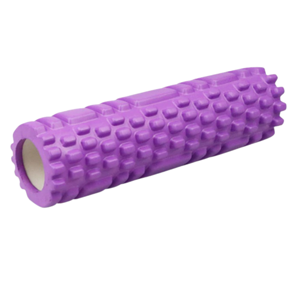 Rolo de espuma preto para exercícios de Pilates e yoga, utilizado para massagem e alongamento muscular.