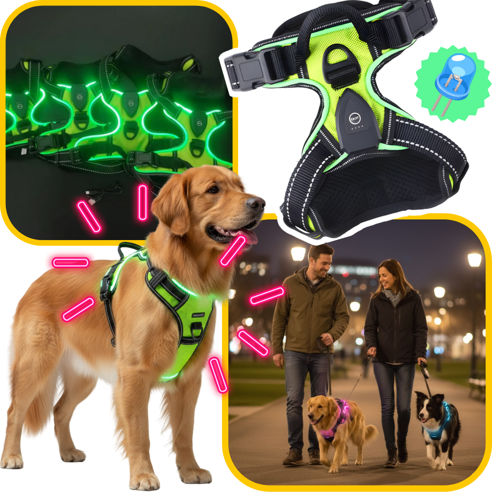 Harnais para cachorro com luz LED piscante, acessório para cães da marca Dog E Glow, com iluminação visível à noite.