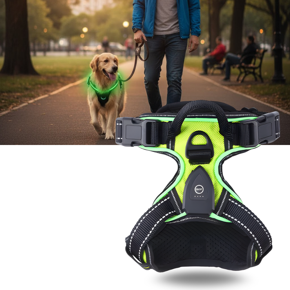 Coleira para cachorro Dog E Glow com luz LED piscante, acessório seguro e visível para passeios noturnos.