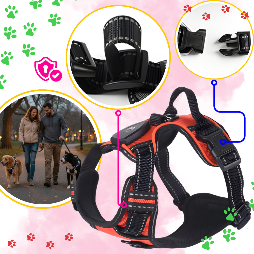 Coleira para cães Dog E Glow com luz LED piscante, acessório para segurança e visibilidade durante passeios noturnos.