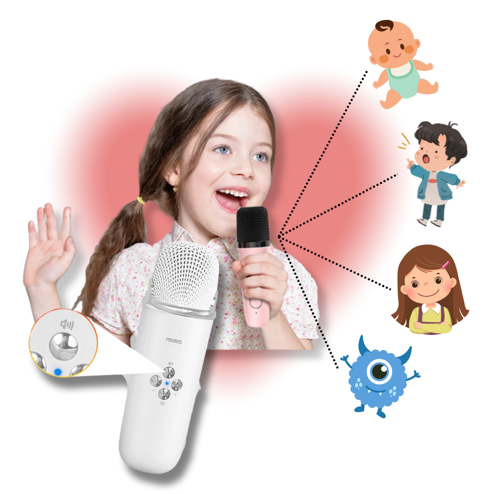 Mini karaokê Bluetooth com dois microfones para crianças, produto musical da Baoblaze, ideal para diversão infantil.