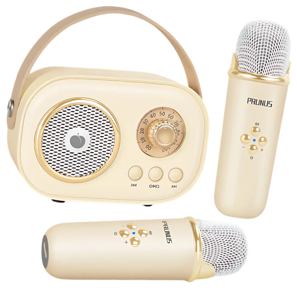 Karaokê Bluetooth infantil com dois microfones, brinquedo musical da Baoblaze, em cor bege, ideal para crianças.