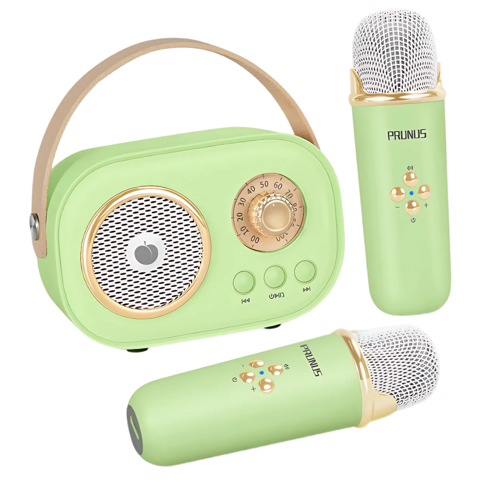 Karaokê Bluetooth para crianças com dois microfones verdes, brinquedo musical da marca Baoblaze, ideal para diversão infantil.