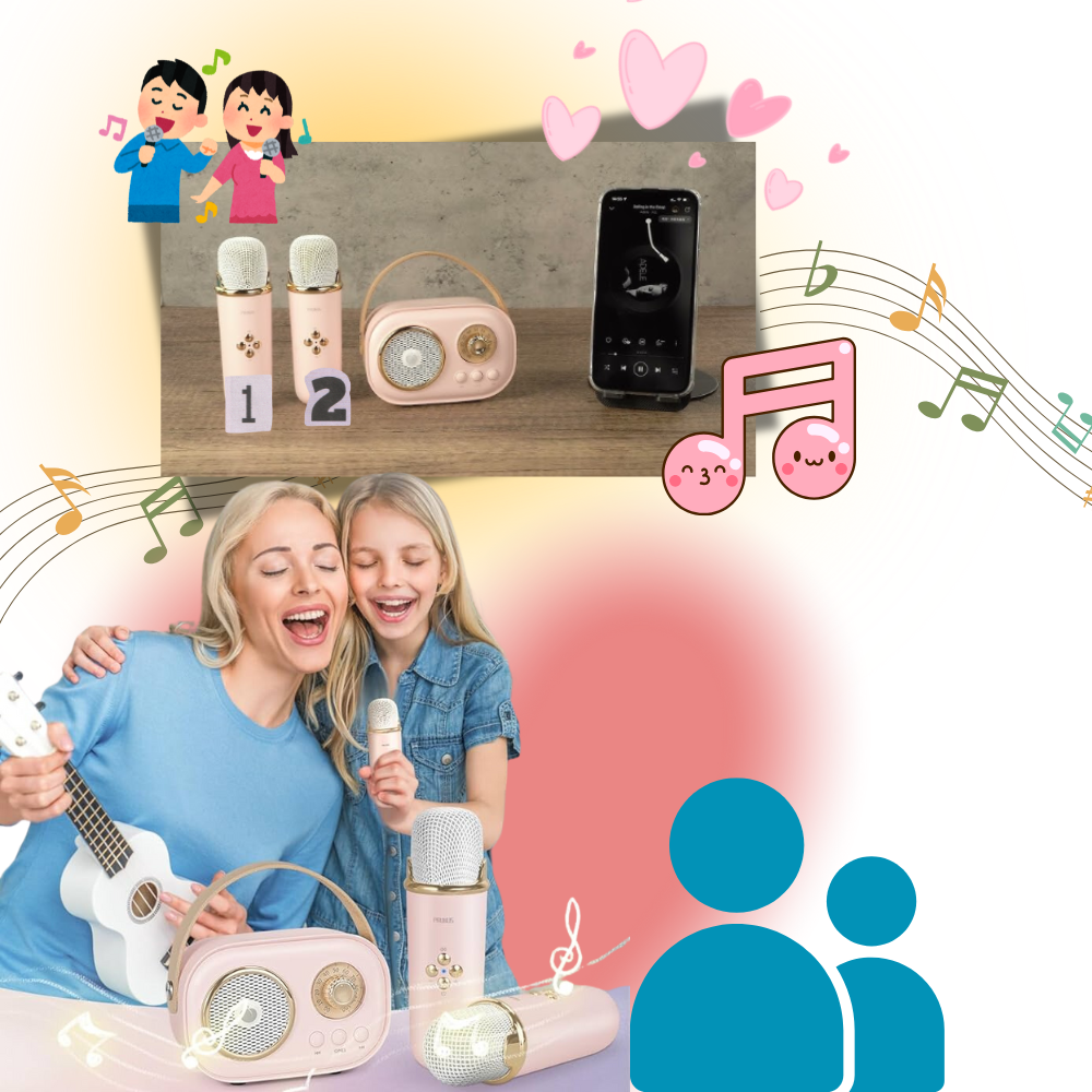 Microfones duplos para mini karaokê Bluetooth infantil, brinquedo musical da marca Baoblaze com duas microfones.