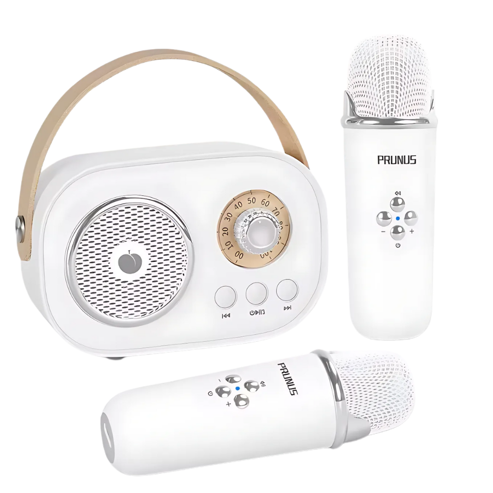 Mini karaoké Bluetooth para crianças com dois microfones, brinquedo musical da marca Baoblaze, em acabamento branco.