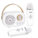Mini karaoké Bluetooth para crianças com dois microfones, brinquedo musical da marca Baoblaze, em acabamento branco.