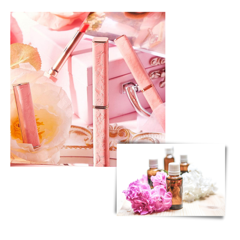 Batom hidratante de cor rosa com efeito de temperatura variável, cosméticos Boatime, aparência de textura cremosa e brilhante.
