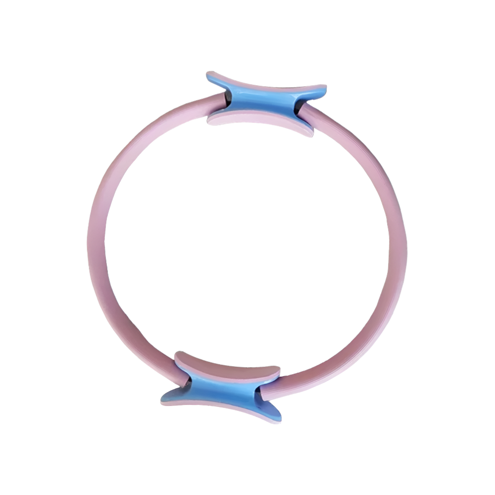 Anel de Pilates Yes4All para tonificação do corpo, em cores rosa e azul, usado para exercícios de Pilates e yoga.