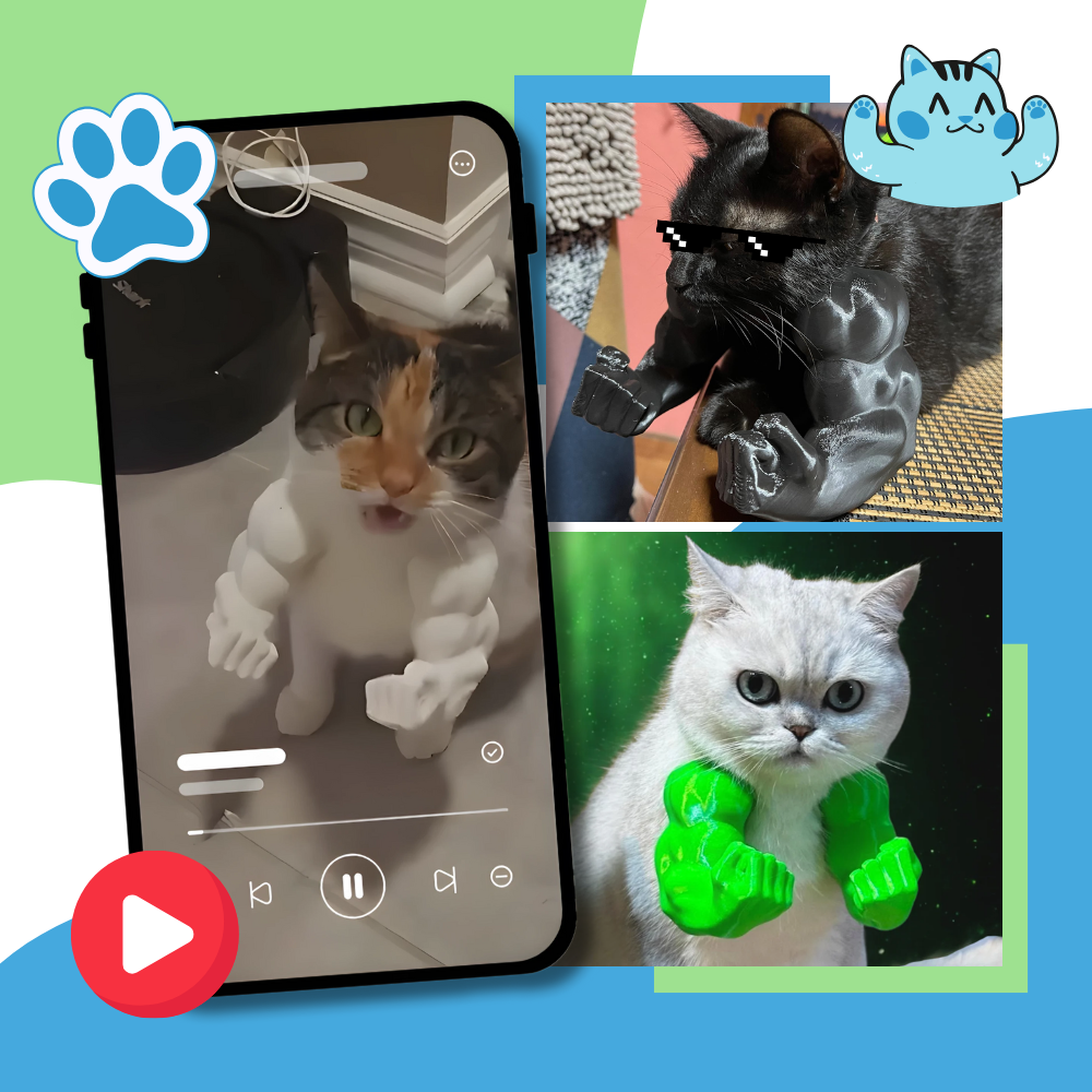 Acessório para gatos, fantasia de braço de bodybuilder, com gato sentado e fantasia de braços musculosos da Freecozyer.