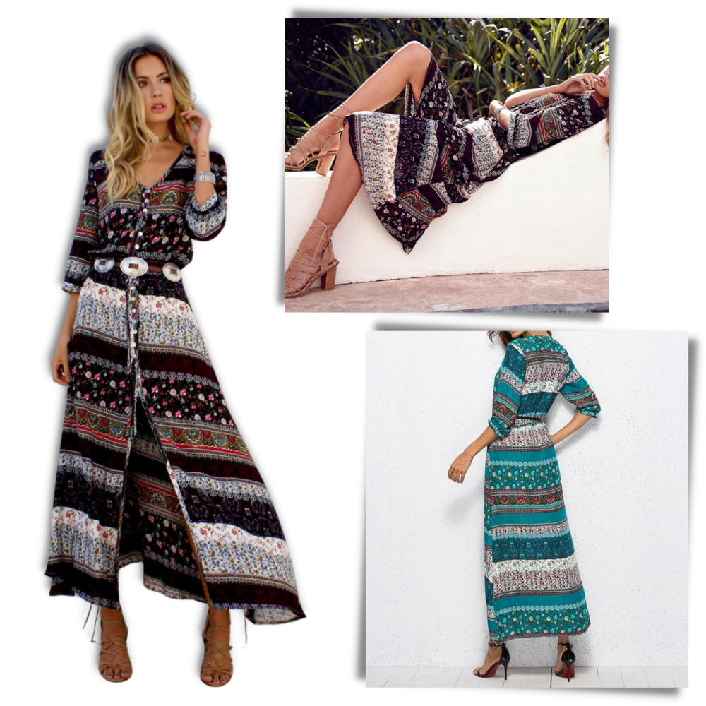 Robe longa boêmio com decote em V da Ozerty France, estilo maxi, tecido leve e ankle, ideal para looks elegantes e descontraídos.