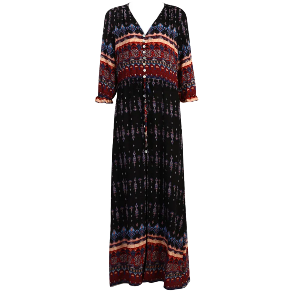 Robe longa estilo boêmio com decote em V preta da Ozerty France, tecido leve e fluido, ideal para ocasiões casuais e elegantes.