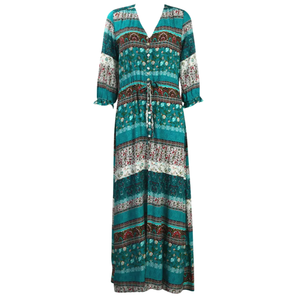 Robe longa boêmia com decote em V na cor verde, estilo maxi, da marca Ozerty France, vista em imagem.