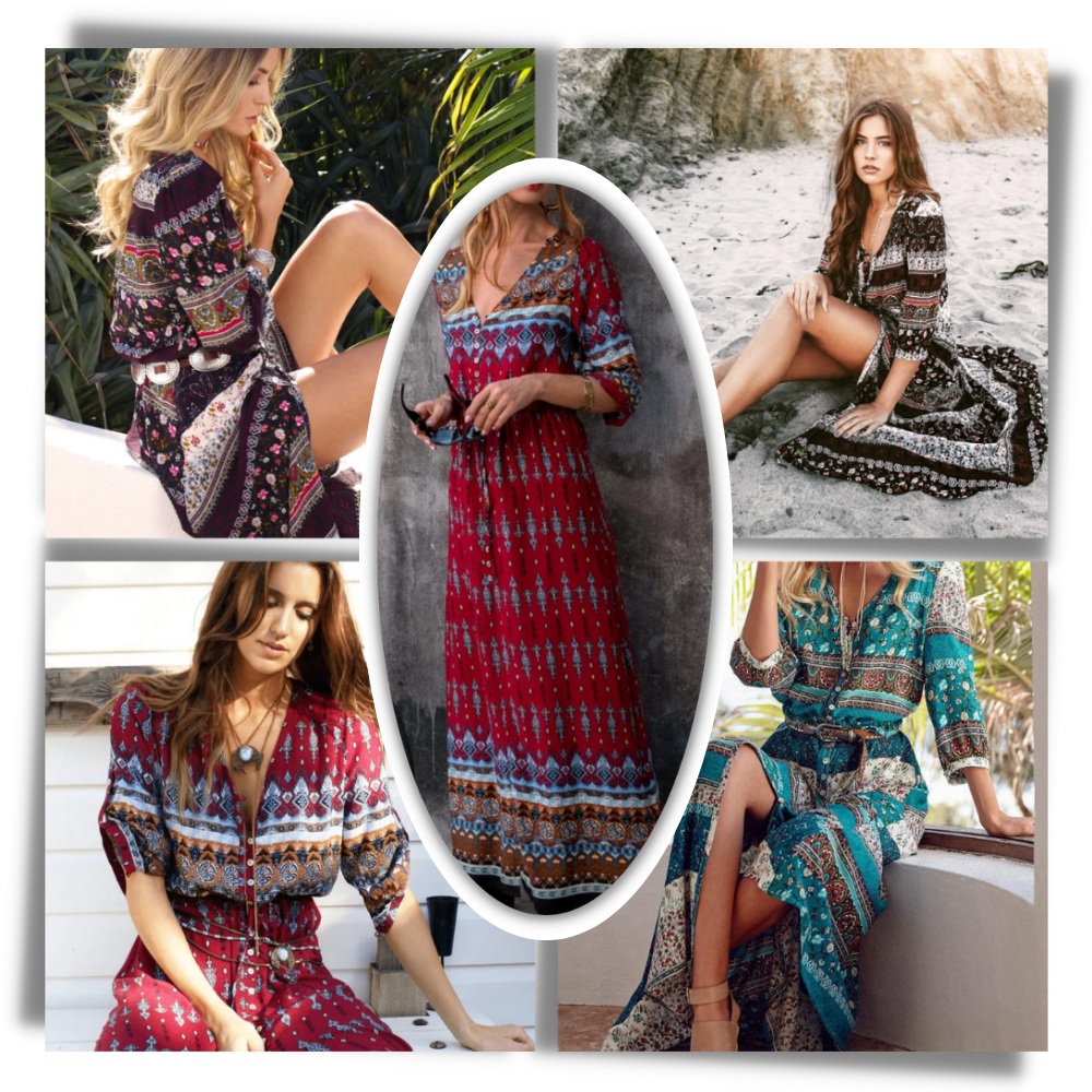 Robe longa boho com decote em V da Ozerty France, estilo maxi, tecido leve e elegante, ideal para looks descontraídos e sofisticados.