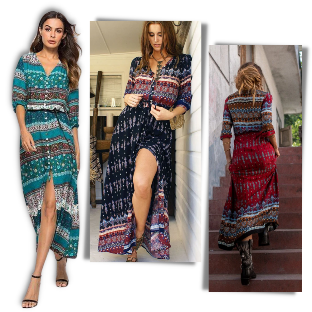Robe longa boho com decote em V, estilo boêmio, marca Ozerty France, tecido leve e fluido, ideal para looks elegantes e confortáveis.