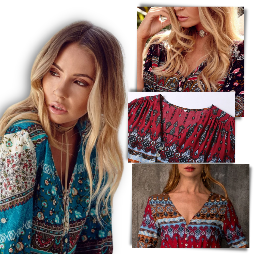 Vestido longo boho da Ozerty France com decote em V, estilo maxi, com detalhes em tecido leve e fluido.