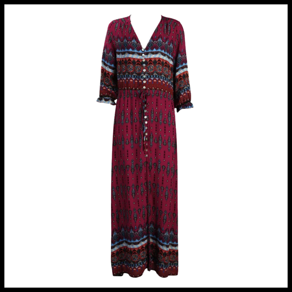 Robe longa boêmia com decote V, estilo maxi, da Ozerty France, com tecido leve e detalhes elegantes.