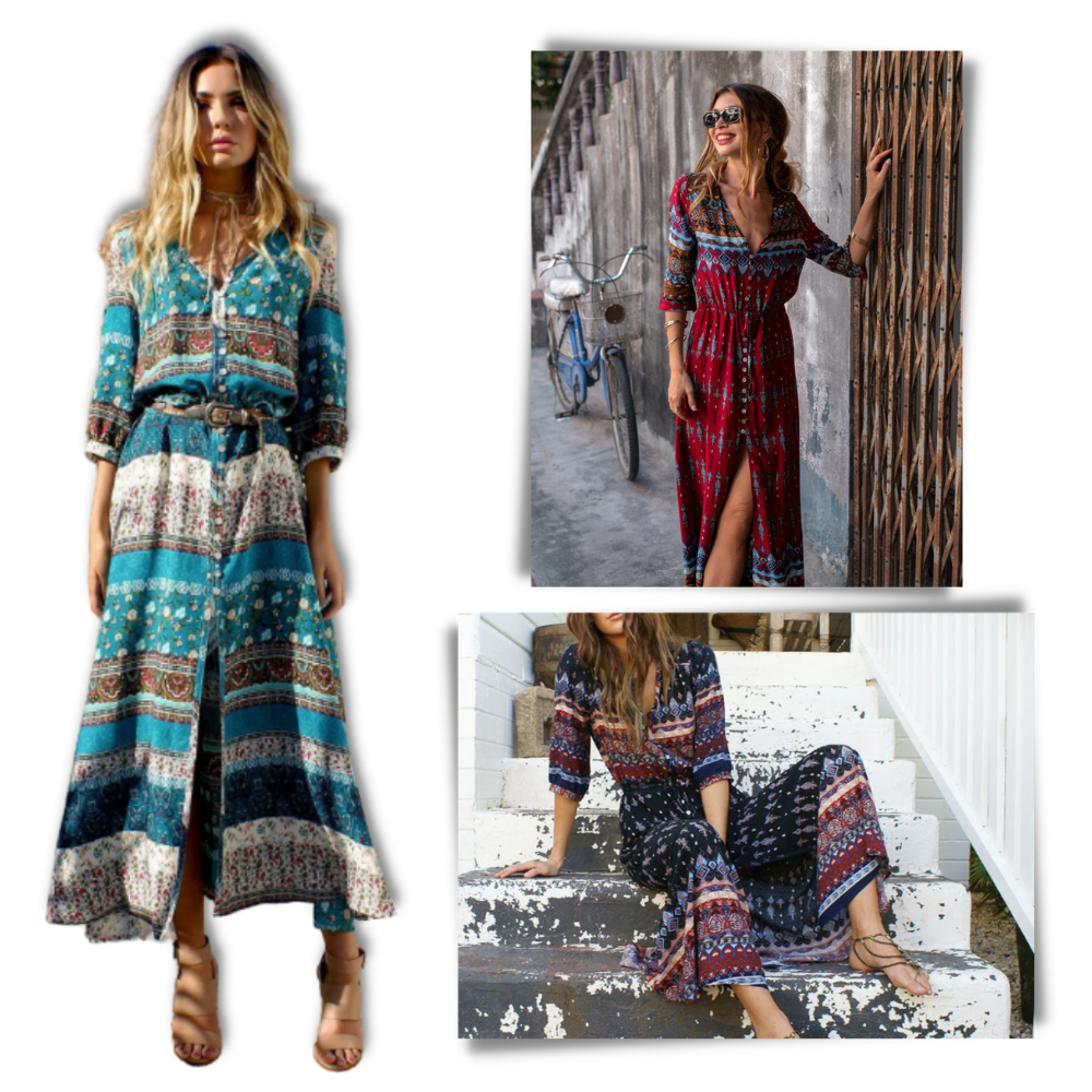 Robe longa boho com decote em V, estilo boêmio, da Ozerty France, vestida com detalhes leves e tecido fluido.