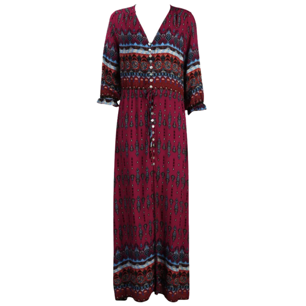 Robe longa boêmia com decote V em tom vermelho, estilo casual e confortável, da marca Ozerty France.