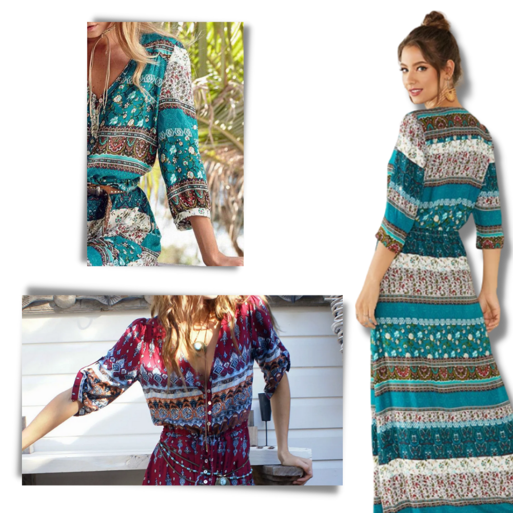 Robe longa boho com decote em V, mangas longas e estilo boêmio, da marca Ozerty France.