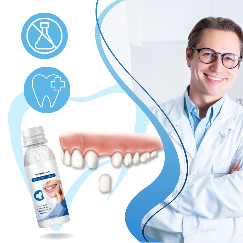 Kit de fausses dents reutilizáveis da Bouanq para cuidados bucais, com molde realista para uso temporário e seguro.
