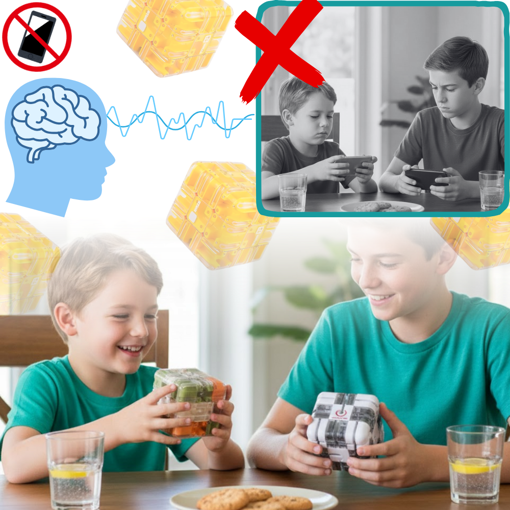 Cubos labirinto Brain Builder da Shuwnd, quebra-cabeça 3D com bola, estimulando raciocínio e concentração.