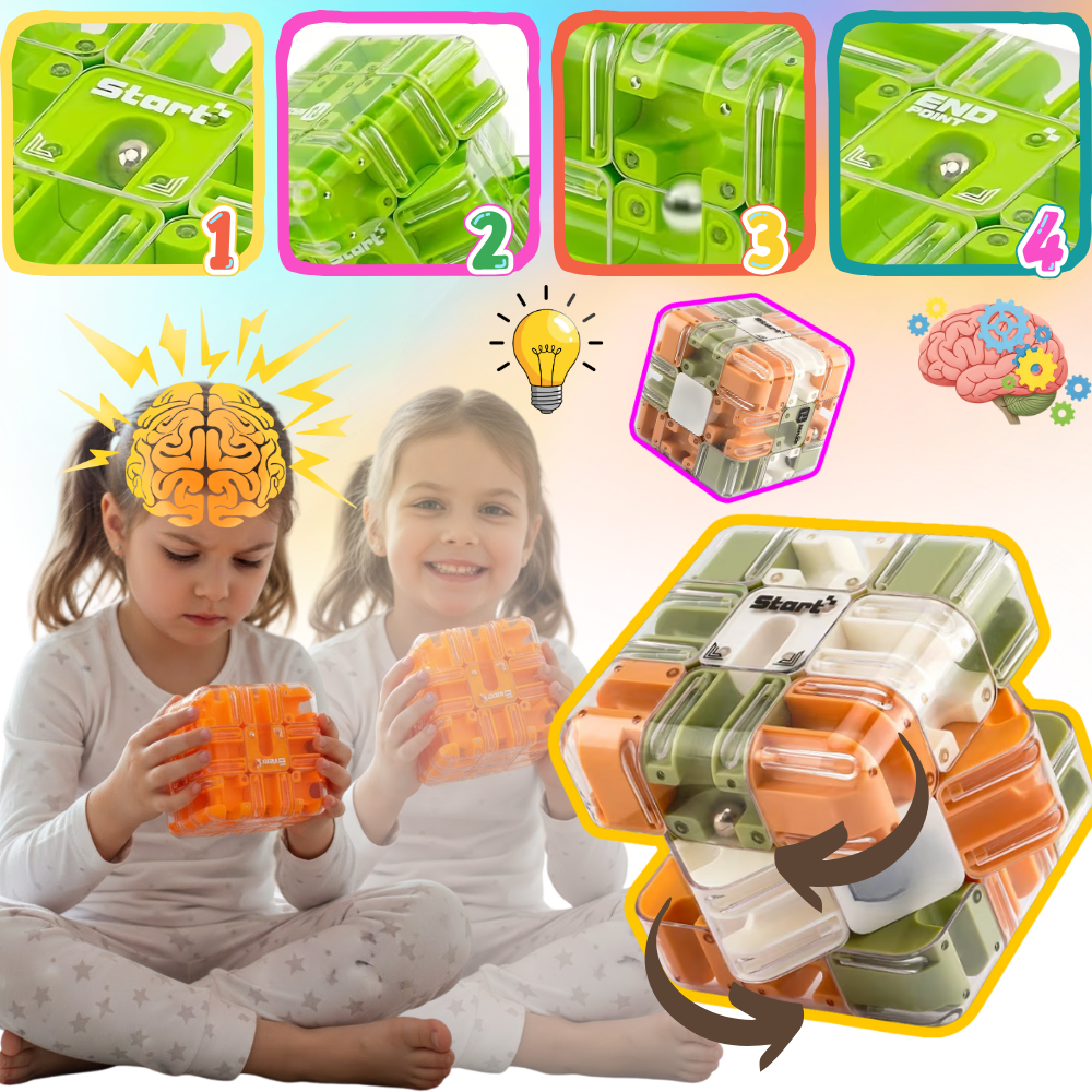 Cubo labirinto Brain Builder da Shuwnd, quebra-cabeça 3D com bola, estimulando habilidades cognitivas e raciocínio.