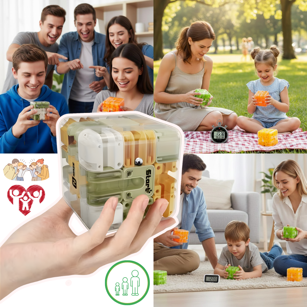 Cubo labirinto Brain Builder da Shuwnd, quebra-cabeça 3D com labirinto para mover uma bolinha, em uma superfície branca.