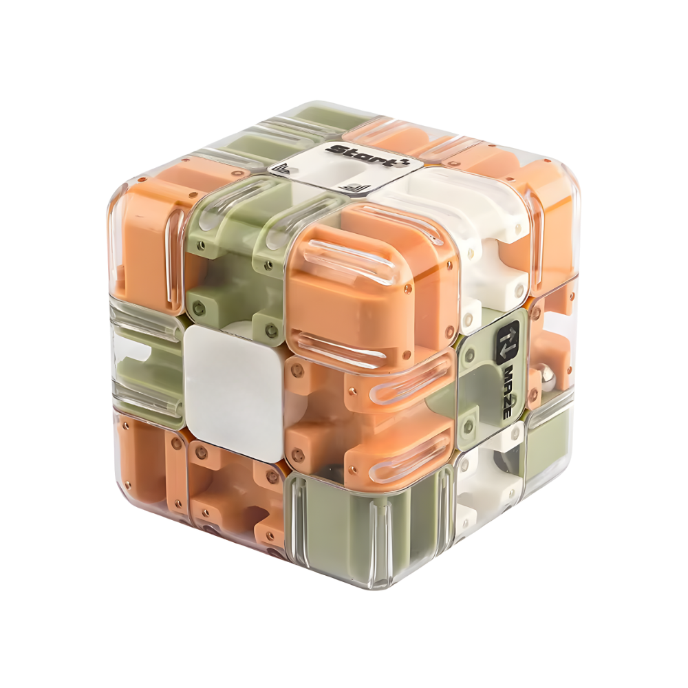 Cubo labirinto Brain Builder da Shuwnd, quebra-cabeça 3D com esfera móvel, em cores verde e laranja sobre fundo branco.