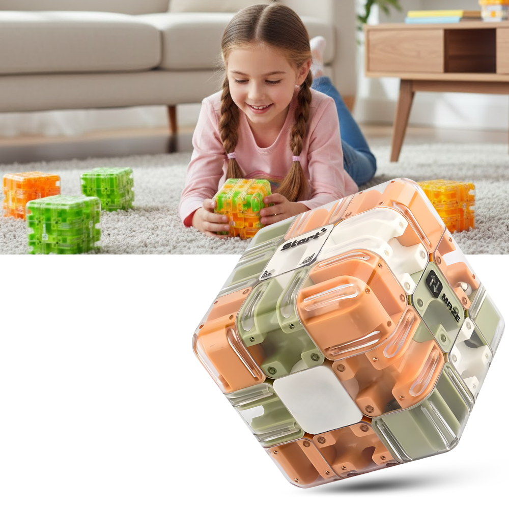 Cubo labirinto Brain Builder da Shuwnd, quebra-cabeça 3D com bola para desenvolver raciocínio e habilidades de resolução de problemas.
