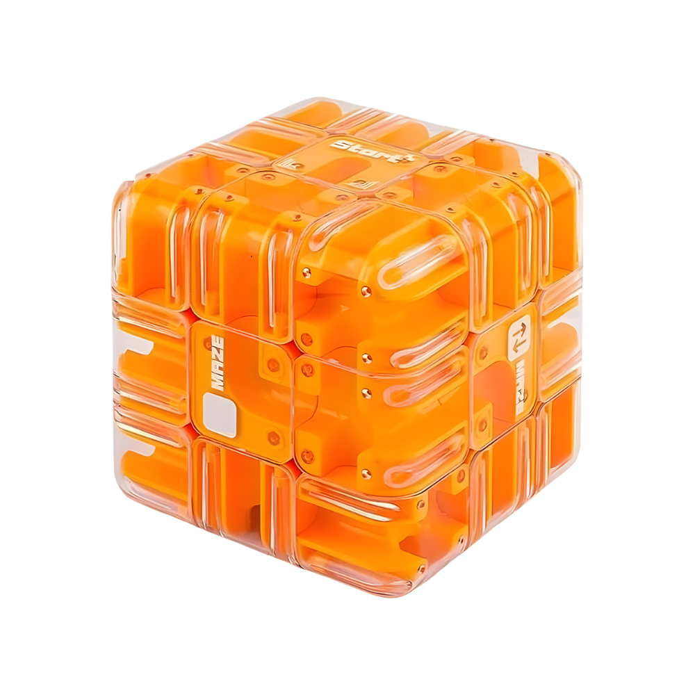 Cubos labirinto Brain Builder da Shuwnd, quebra-cabeça 3D com esfera móvel, em cor laranja, desafiando habilidades de raciocínio.