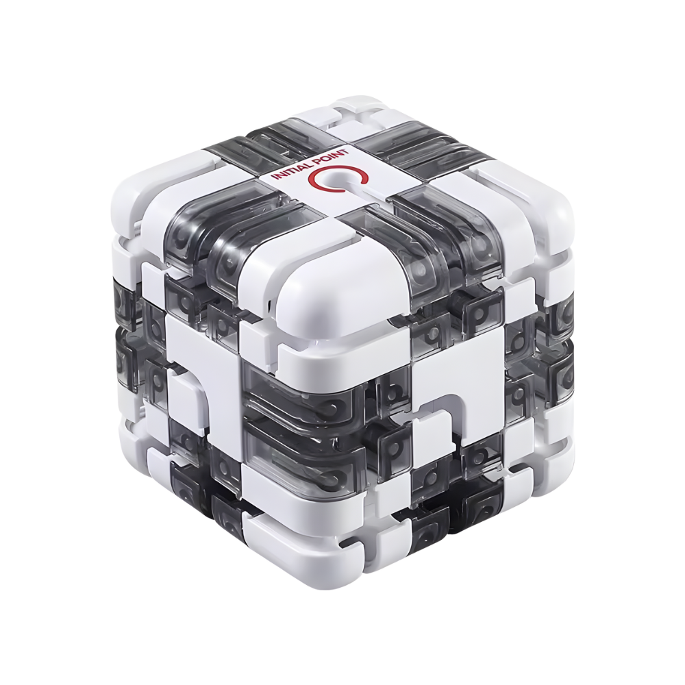 Cubo labirinto Brain Builder da Shuwnd com peças em branco e cinza, quebra-cabeça 3D para estimular a mente e habilidades de resolução.