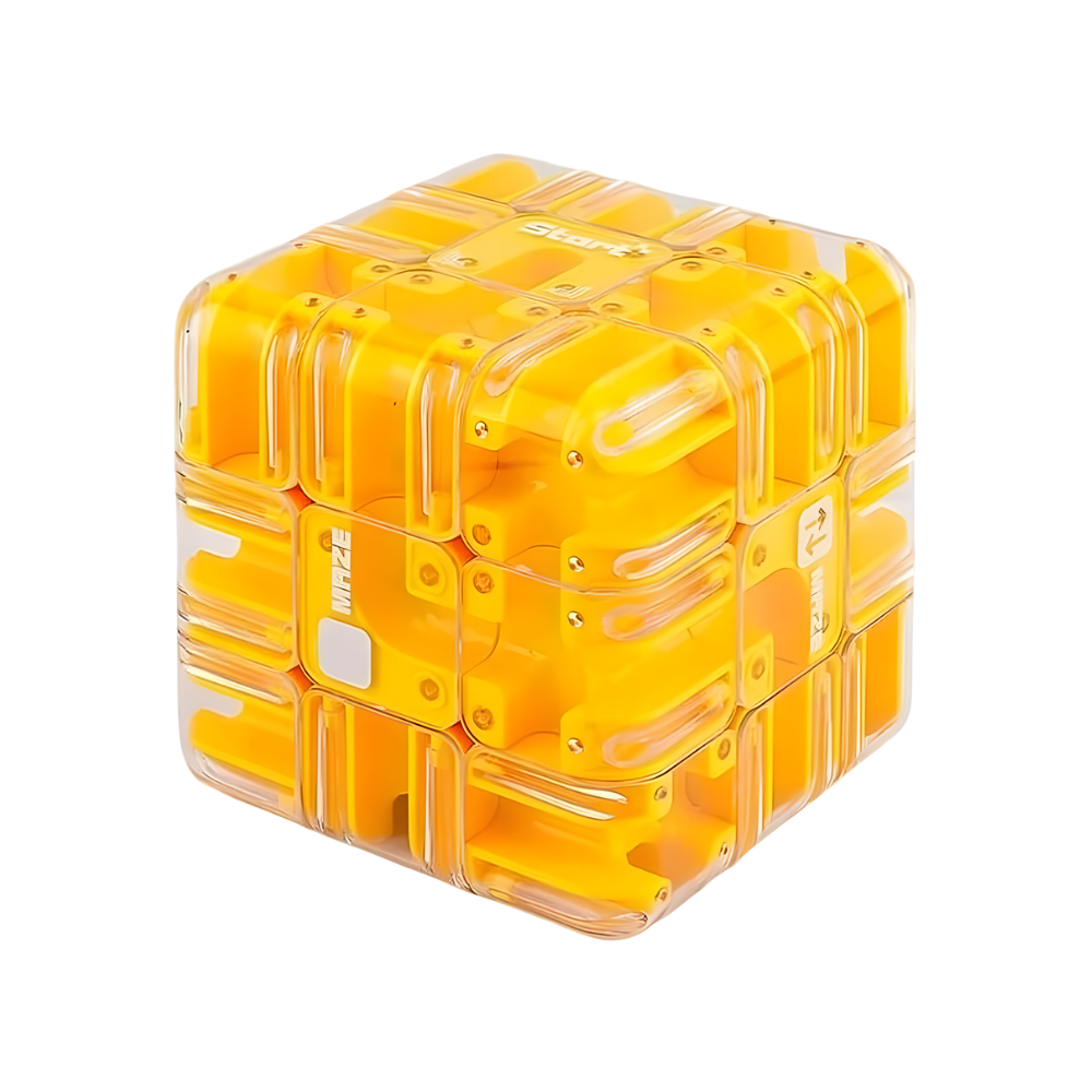 Cubo labirinto Brain Builder da Shuwnd, quebra-cabeça 3D com bola amarela, desafio de raciocínio e habilidade mental.