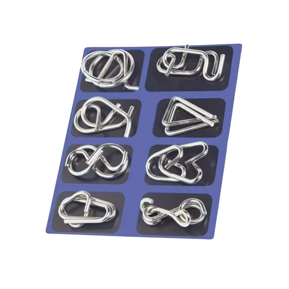 Quebra-cabeça de metal azul da marca Natefemin, jogo de puzzle cerebral com peças interligadas e design inovador.