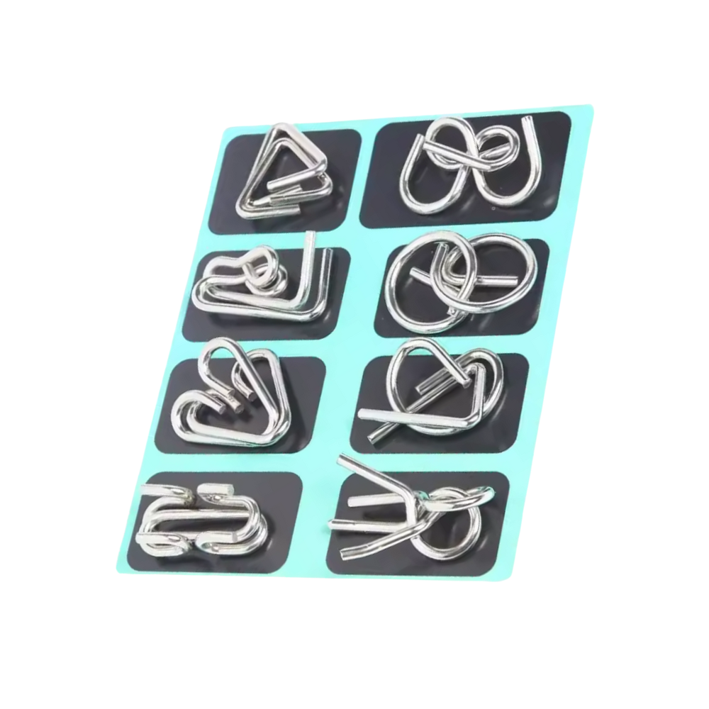 Quebra-cabeça de metal da marca Natefemin, jogo de puzzle brain tease na cor azul claro, com peças encaixadas e design detalhado.