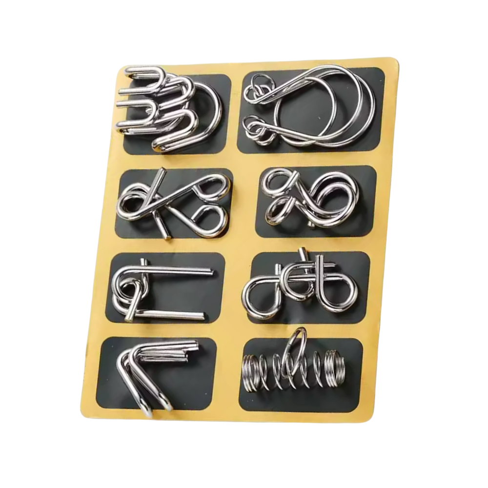 Quebra-cabeça de metal amarelo da marca Natefemin, jogo de puzzle cerebral com peças interligadas.