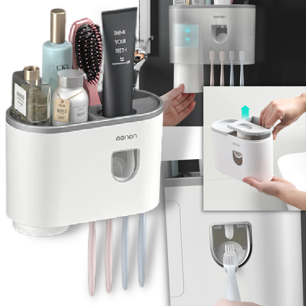 Suporte de distribuidor de dentifrífico todo-em-um da Brandslc, acessório para cuidados bucais, com design prático.